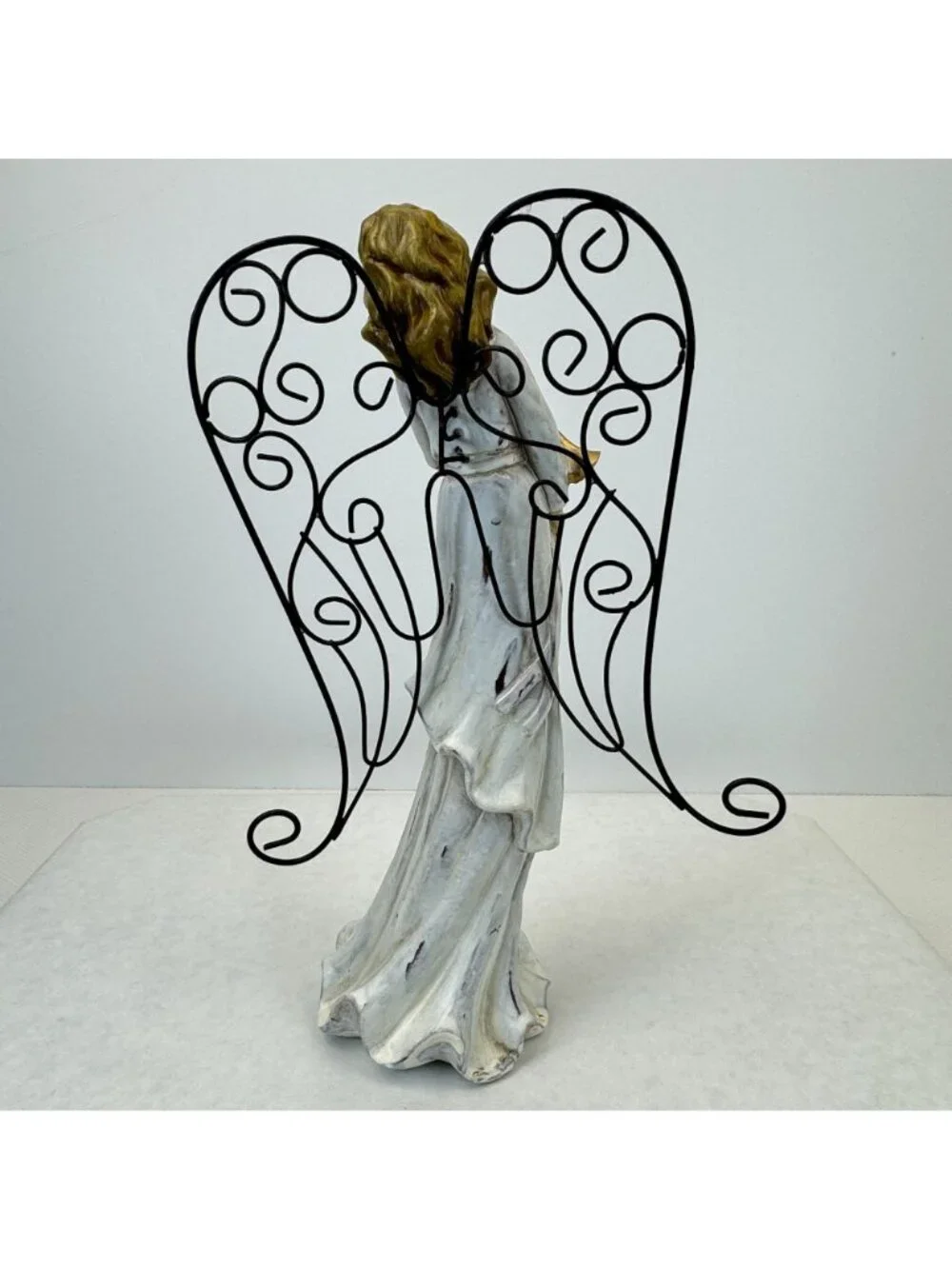 Vintage Rustic White Christmas Angel Figurine With Metal Wings Gold Trumpet 11" - Picture 4 of 10
